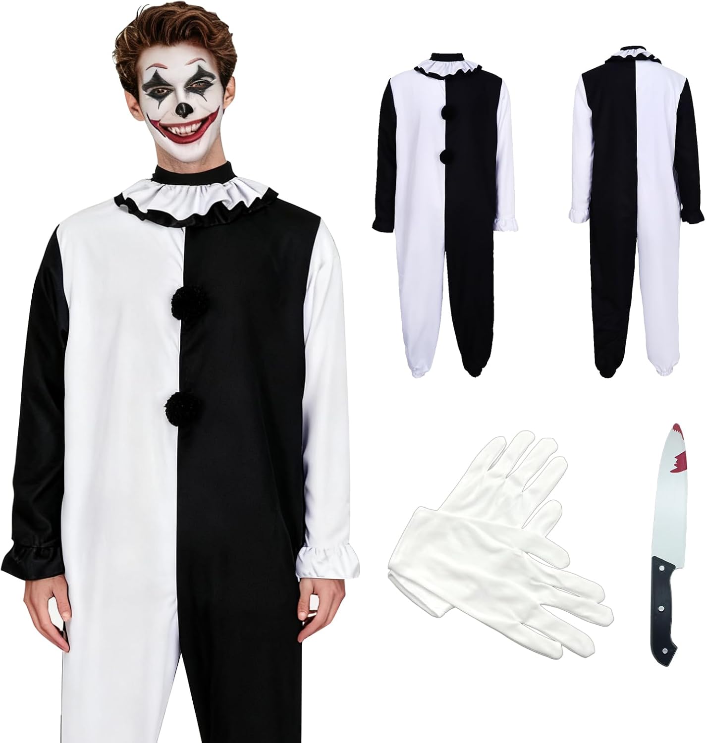 Men Horror Clown Costume Jumpsuit Black and White Bodysuit Set Movie Themed Outfit for Halloween Killer Clown Cosplay Outfit