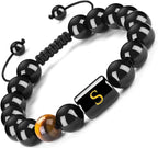 FRG Initials Bracelets for Men Letter Link Handmade Natural Black Onyx Tiger Eye Stone Beads Braided Rope Meaningful Bracelet