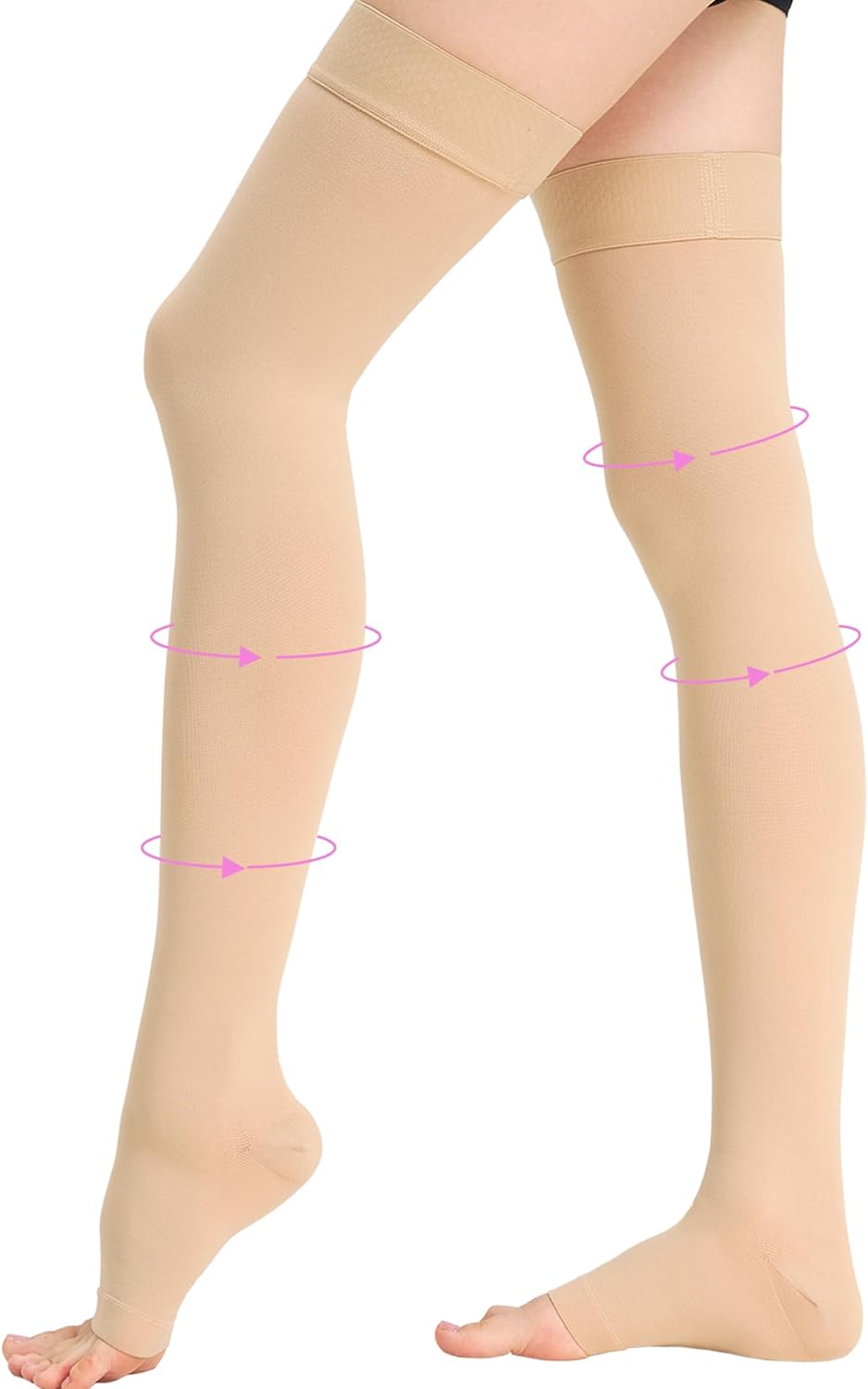 20-30 mmHg Thigh High Compression Stockings for Women, Open Toe with Stay-Up Dot-Top - Relief for Varicose Veins, DVT, Swelling, Pregnancy & Travel, Beige, Medium