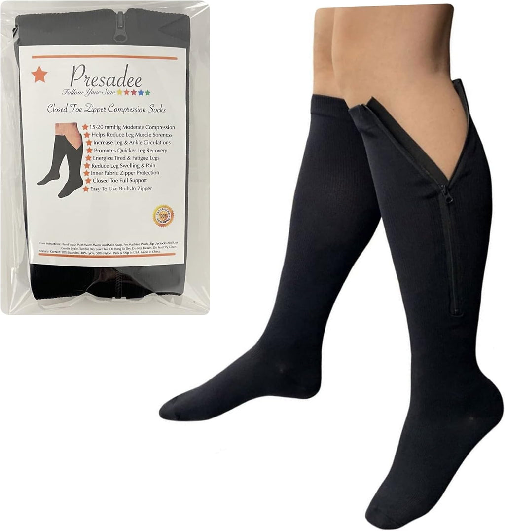 Presadee Closed Toe 15-20 mmHg Zipper Moderate Compression Leg Circulation Socks (Black, 2XL)