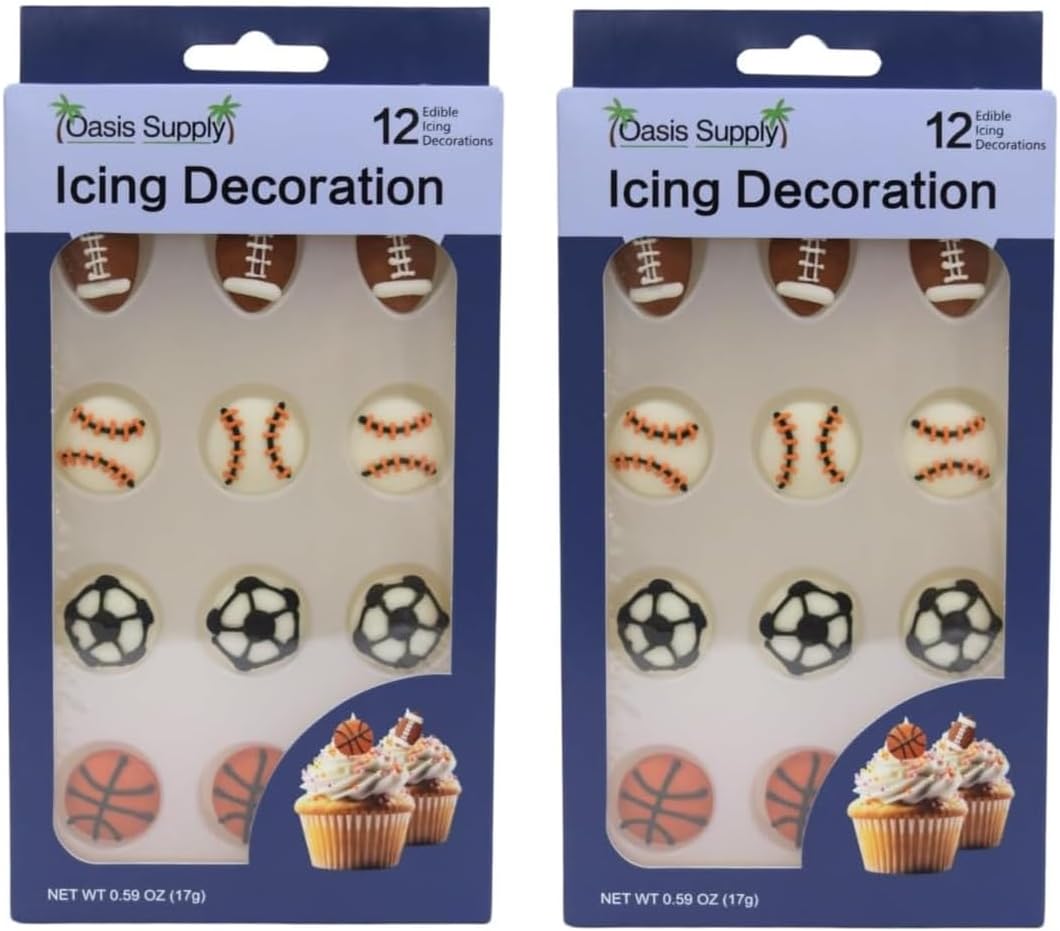 Oasis Supply, Edible Fun Shapes | Sugar Hand Painted Cake, Cupcake Toppers | Sports/Athletics | Sports Ball Assortment 24 Pack