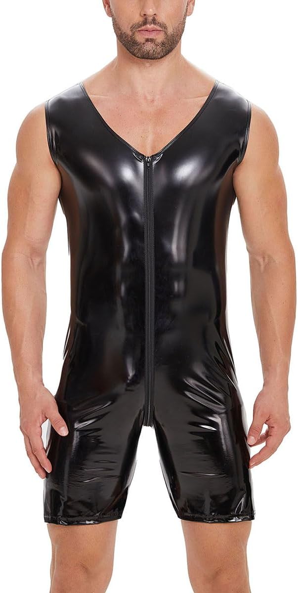Men Sexy Leather Bodysuit, Zipper Open Crotch, Wetlook, Shiny Latex Leotard Crotchless, Black
