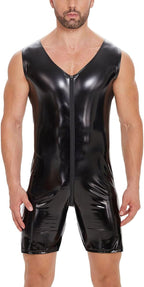Men Sexy Leather Bodysuit, Zipper Open Crotch, Wetlook, Shiny Latex Leotard Crotchless, Black