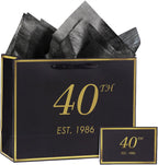 40th Birthday Gift Bag with Card and Tissue Paper for Men Women Him, 1986 40 Year Old 13" Elegant Black Gold Anniversary Keepsake Party Present Shopping Paper Bags for Gifts Wrapping (1986 40th)
