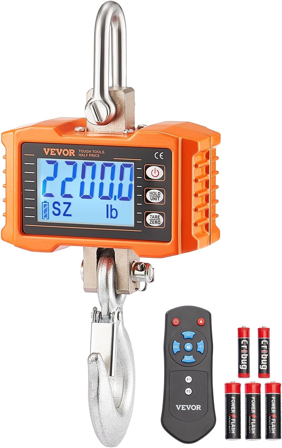 VEVOR Digital Crane Scale, 2200 lbs/1000 kg, Industrial Heavy Duty Hanging Scale with Remote Control, Cast Aluminum Case & LCD Screen, High Precision for Construction, Factory, Farm, Hunting (Orange)