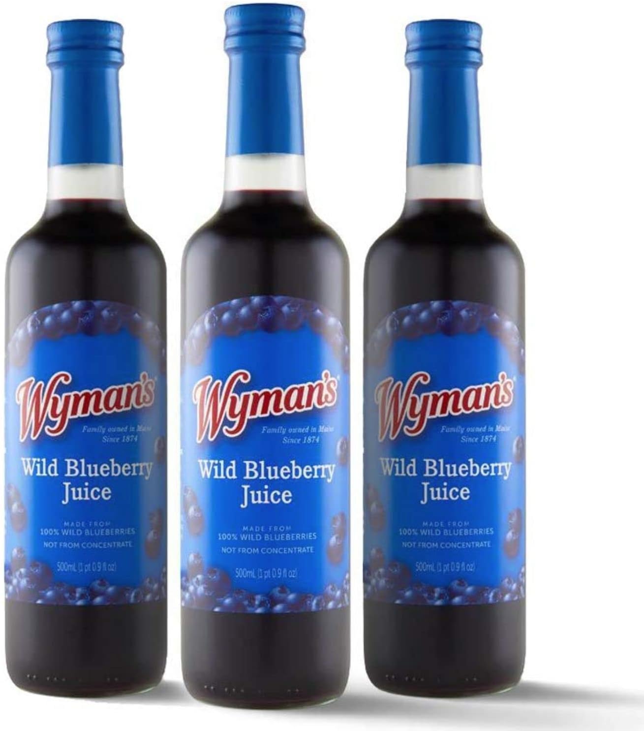 Wyman's Wild Blueberry Juice, 100% Juice, No Sugar Added, Not From Concentrate, Glass Bottled, 500mL (3 Pack)