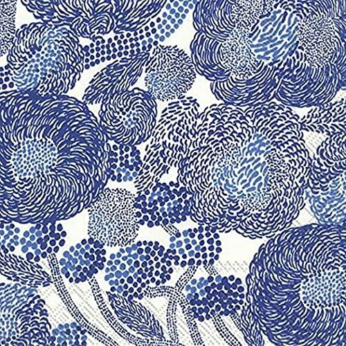 IHR Ideal Home Range Party Napkins Marimekko Disposable 3-Ply Paper Lunch Napkin Pack, 6.5" x 6.5", Mynsteri Cream/Blue, 20-Count
