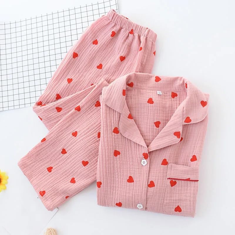 REHJJDFD Women's Printed Cotton Pajamas Set Gauze Turn-Down Collar Long-Sleeve Trousers Household Wear
