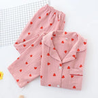 REHJJDFD Women's Printed Cotton Pajamas Set Gauze Turn-Down Collar Long-Sleeve Trousers Household Wear