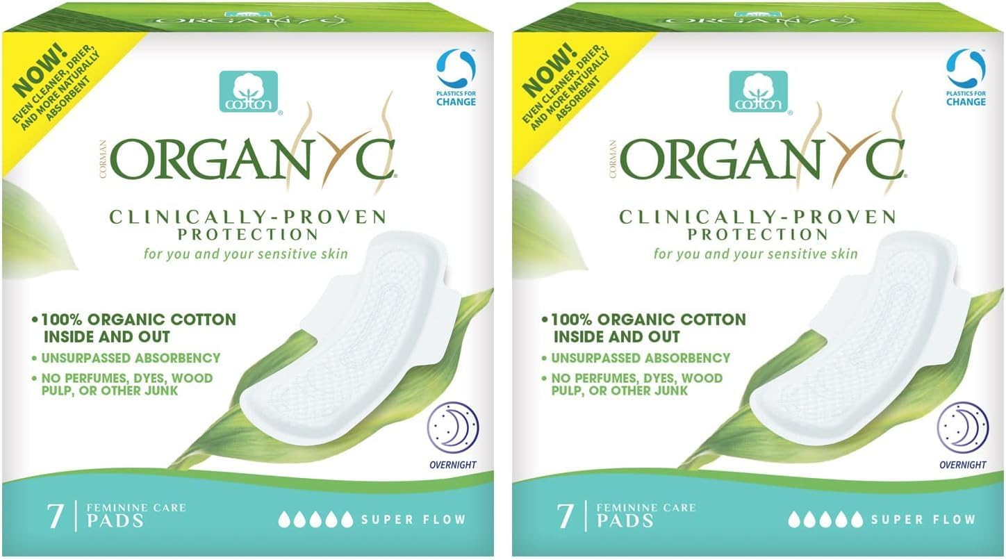 Organyc New and Improved 100% Certified Organic Cotton Overnight Feminine Pads, Heaviest Flow, Super Absorbency 2.0, 7 Count (Pack of 2)