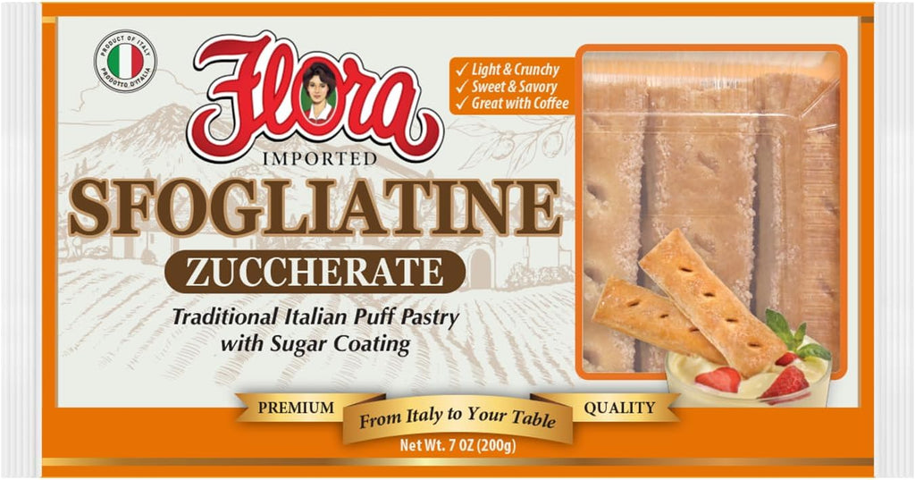 Flora Sfogliatine Glassate – Traditional Italian Puff Pastry with Glaze Coating - Sfogliatini Sugar - 7 oz (Imported from Italy) (7oz, Zuccherate)