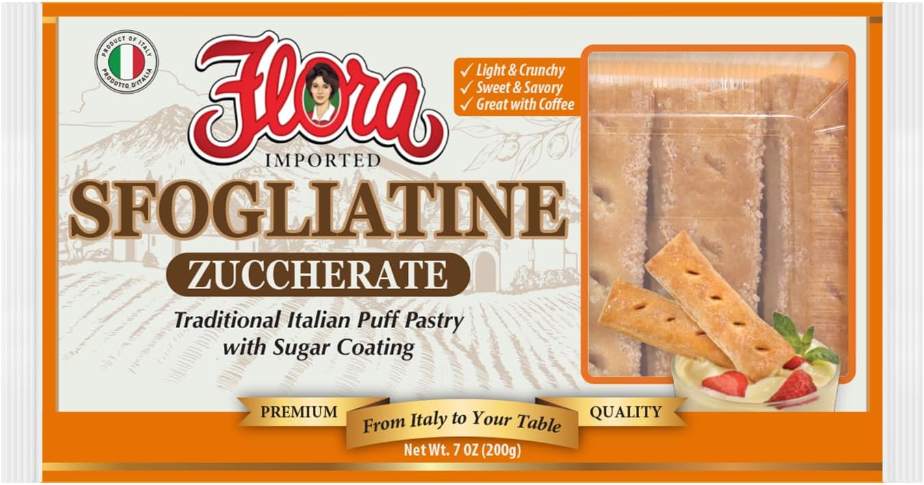 Flora Sfogliatine Glassate – Traditional Italian Puff Pastry with Glaze Coating - Sfogliatini Sugar - 7 oz (Imported from Italy) (7oz, Zuccherate)