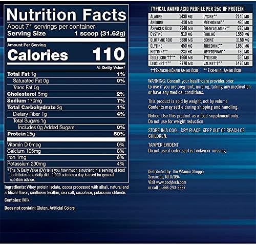 BodyTech Whey Protein Isolate Powder, Rich Chocolate Flavor, 25g Protein per Serving, High Concentrated Protein Powder with Amino Acids & BCAAs for Men and Women, Gluten Free, 5 lb, 71 Servings