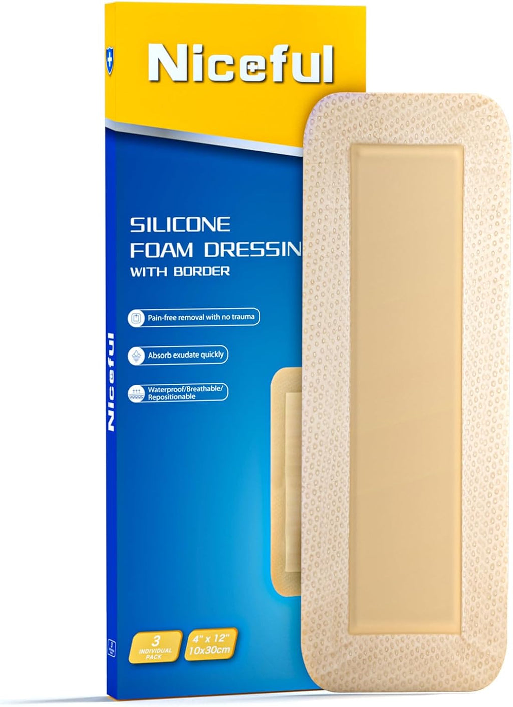 Niceful Ultra Soft Silicone Foam Dressing 4" x 12" - Large Bandages for Wounds, Highly Absorbent Waterproof Bandages for Bed Sores, Leg Ulcers, Knee Surgery 3 Count