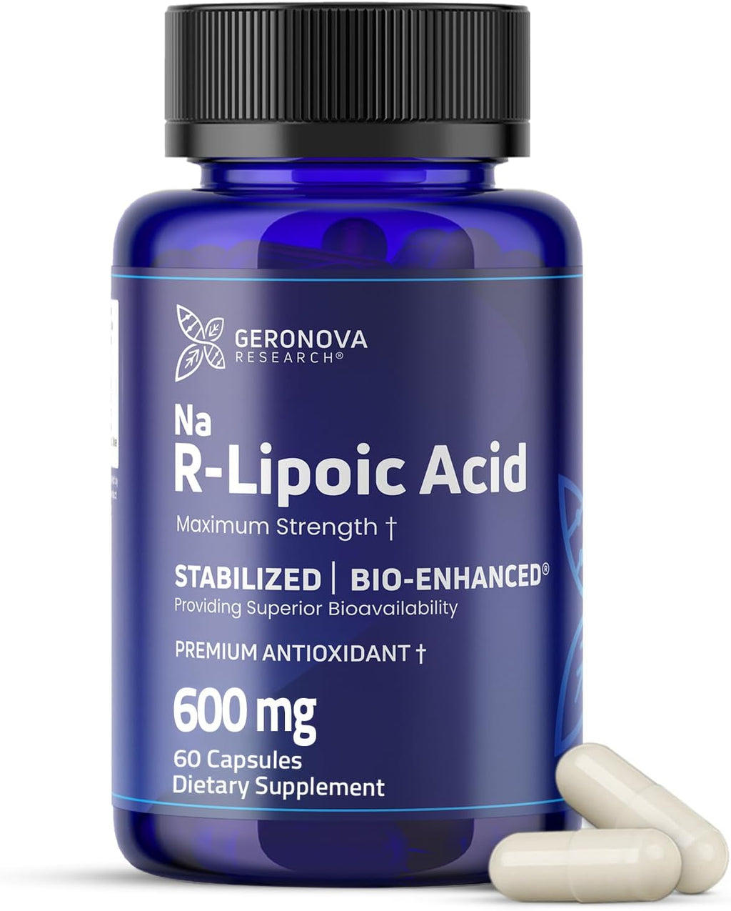 Geronova Research Bio-Enhanced R-Lipoic Acid, 600 mg Dose - 1 Month Supply - Stabilized R Alpha Lipoic Acid with Enhanced Absorption - R Lipoic Acid Supplement - 60 Capsules