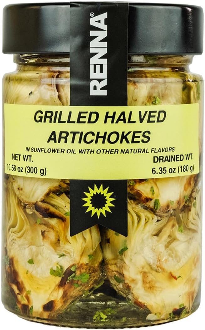Renna, Grilled Roasted Halved Artichokes preserved in oil, 10.58 oz, Heart, Mediterranean flavor, Specialty Imported Food, Product of Italy