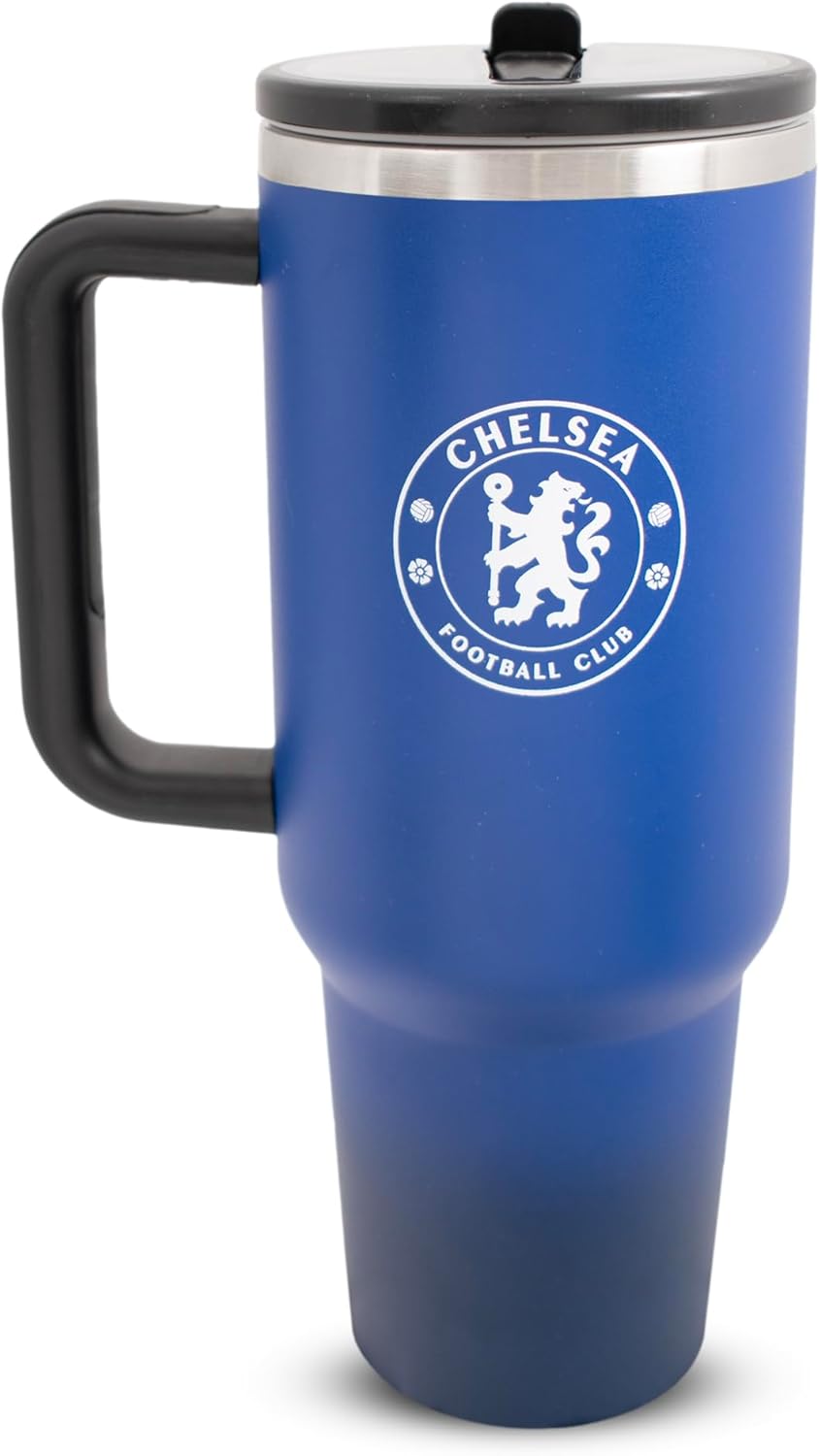 Hy-Pro Officially Licensed Chelsea 40 oz/1.18 L Thermos Flask with Handle - Stainless Steel Drinking Bottle with Straw, Portable Water Bottle for Sports & Everyday Use - Metal Water Bottle