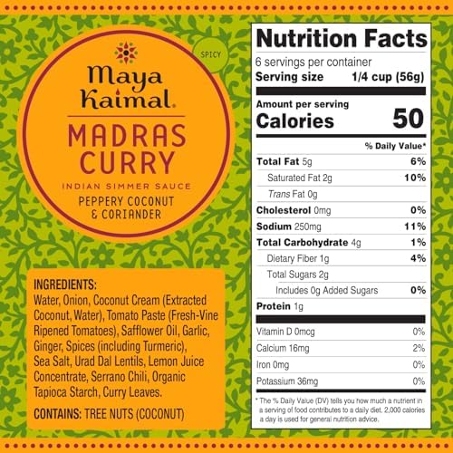 Maya Kaimal Madras Curry Sauce, 12.5 oz, Spicy Indian Simmer Sauce with Peppery Coconut and Coriander. Vegan, Gluten Free, Non-GMO Project Verified, Vegetarian