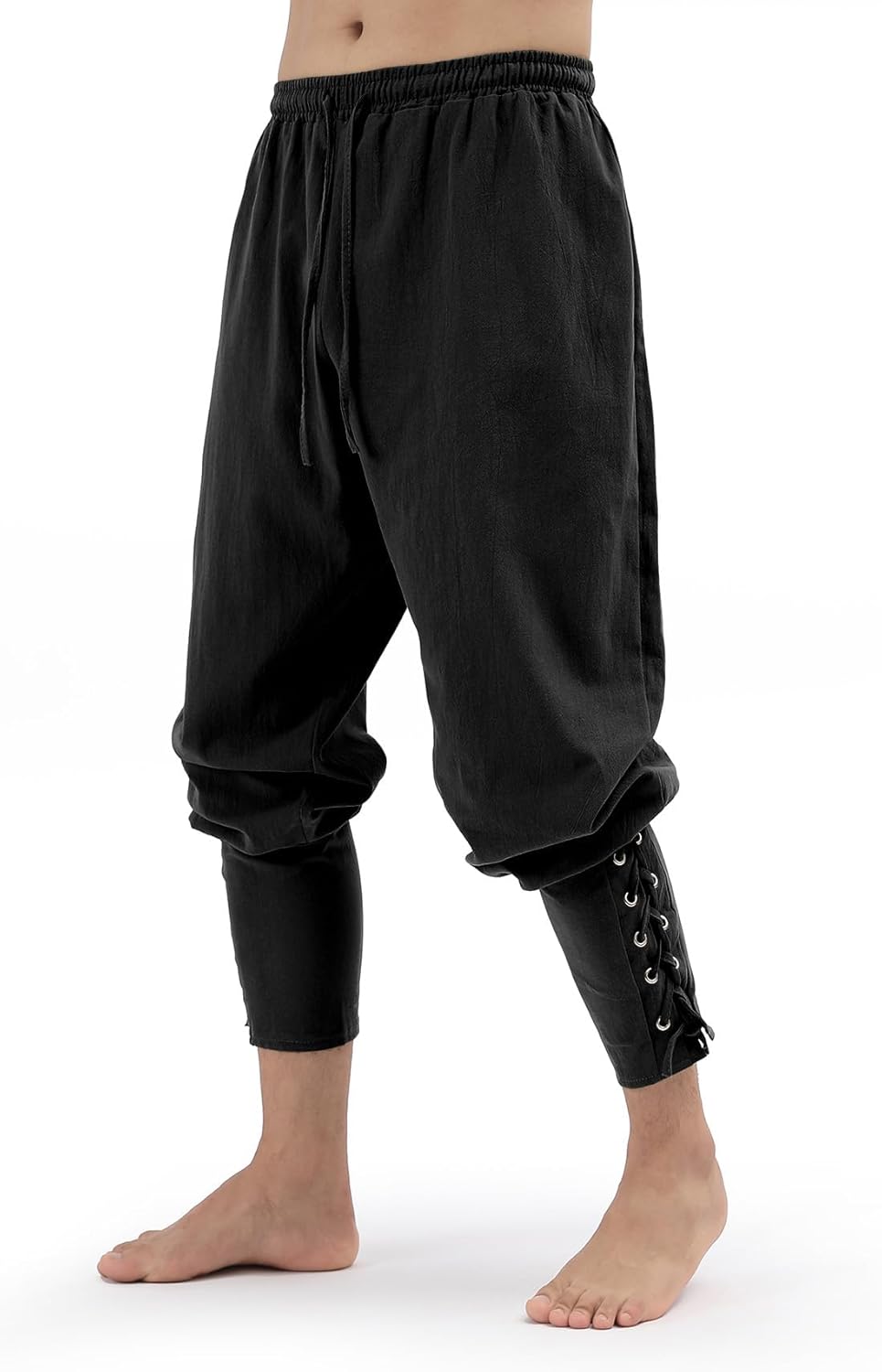 Mens Pirate Pants Medieval Viking Costume, Renaissance Lace-up Ankle Banded Trousers Cotton Linen Cosplay Outfits