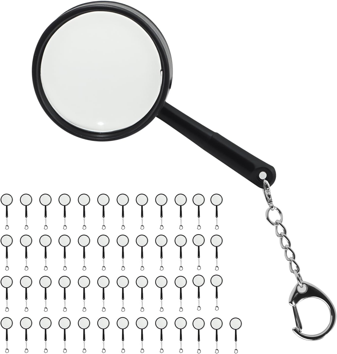 50 Pack Mini Black Magnifying Glasses with Keychain, Small Handheld Magnifiers for Jewelry, Reading, Maps, Crafts, Outdoor Observation, Travel Accessories and Bulk Event Supplies