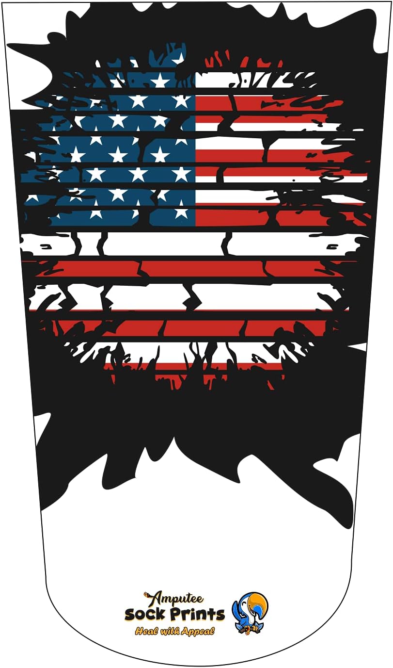 Heal with Appeal Amputee Sock American Flag Circlular Broken Wall Black V1, 3PLY Residual Wound, Over Shrinker Sock