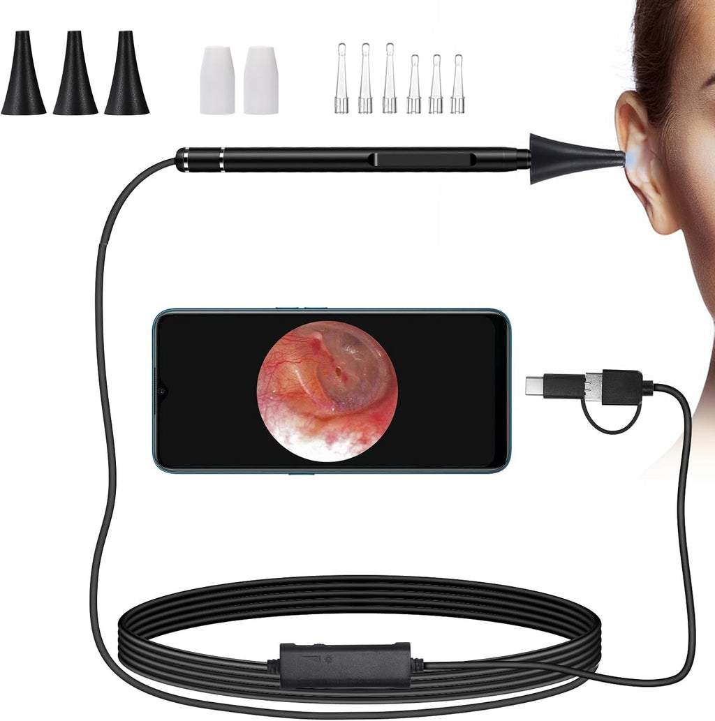 Jiusion 3.9mm Ultra-Thin Portable USB Digital Otoscope Camera with Carrying Case, HD 720P 6 LED Visual Ear Scope with 3 Hats 2 Silicone Caps 8 Earwax Spoons for Android Windows Mac NOT for iPhone iPad