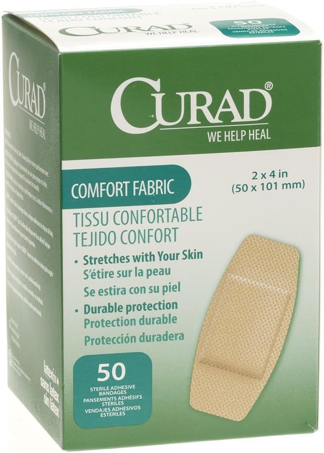 CURAD Comfort Fabric Adhesive Bandages 2" x 4", Sterile, Stretches with Skin, Box of 50