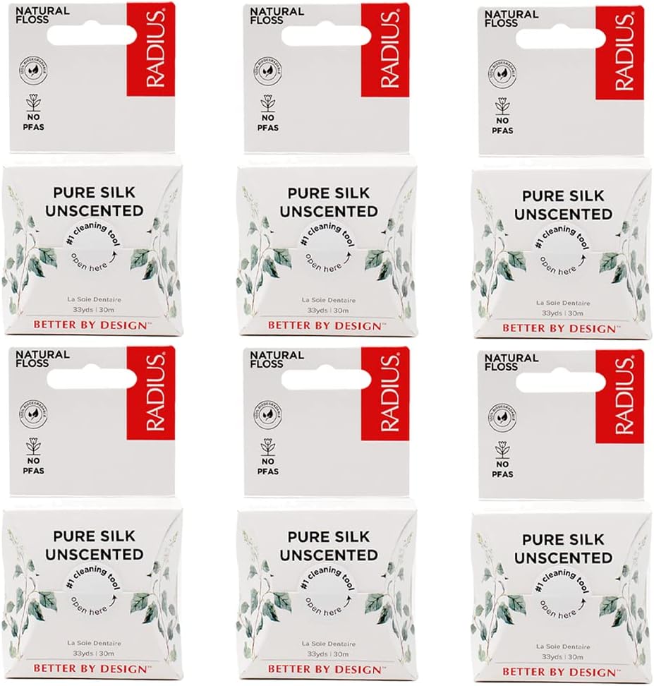 RADIUS Dental Floss, Natural Floss, Unscented Silk, 33 Yards, Compostable & Non-Toxic Oral Care Designed to Help Fight Plaque, Pack of 6