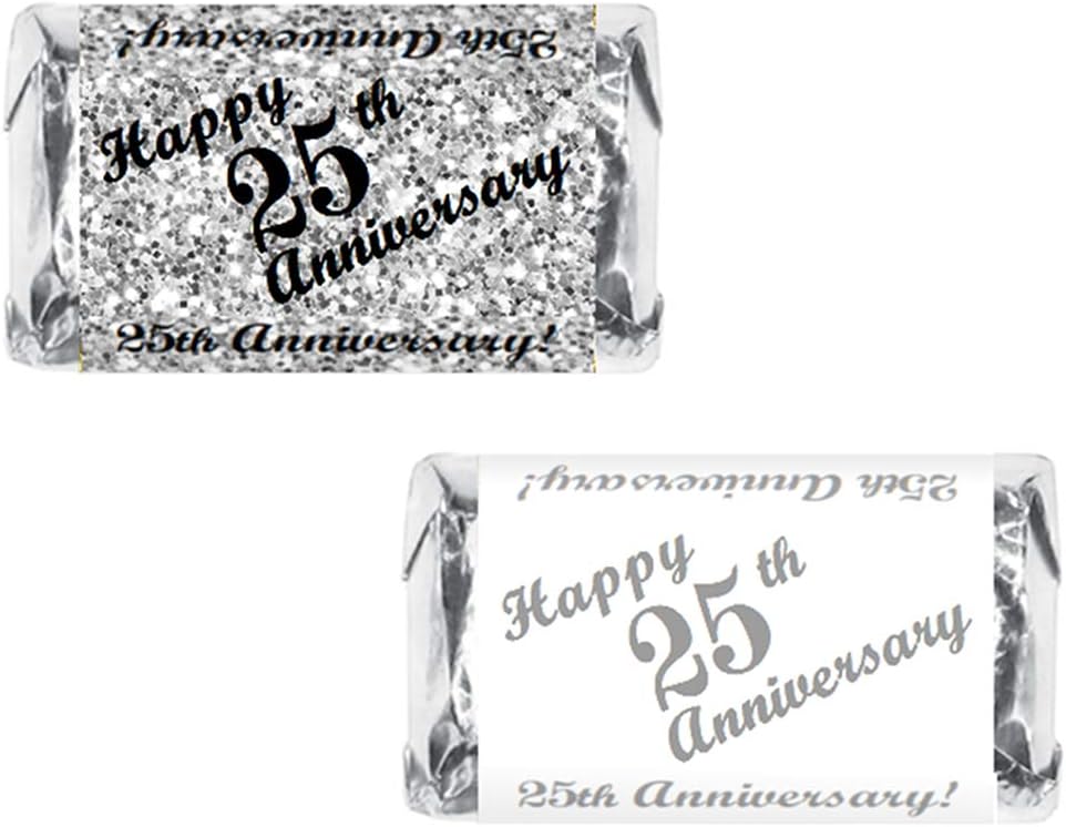 25th Anniversary Miniatures Candy Bar Wrapper, (Set of 60) Mini Candy Chocolate Bar Stickers; Silver and White, Candy Not Included. Made in USA