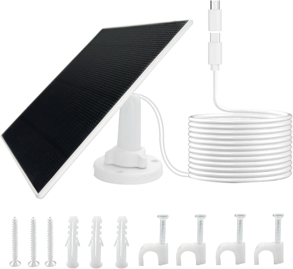 5W Solar Panel for Outdoor Cameras, 360° Adjustable Mount & 90° Rotatable Panel, IP65 Waterproof, 9.8ft USB-C Cable with Micro USB Adapter, Includes Mounting Bracket & Accessories