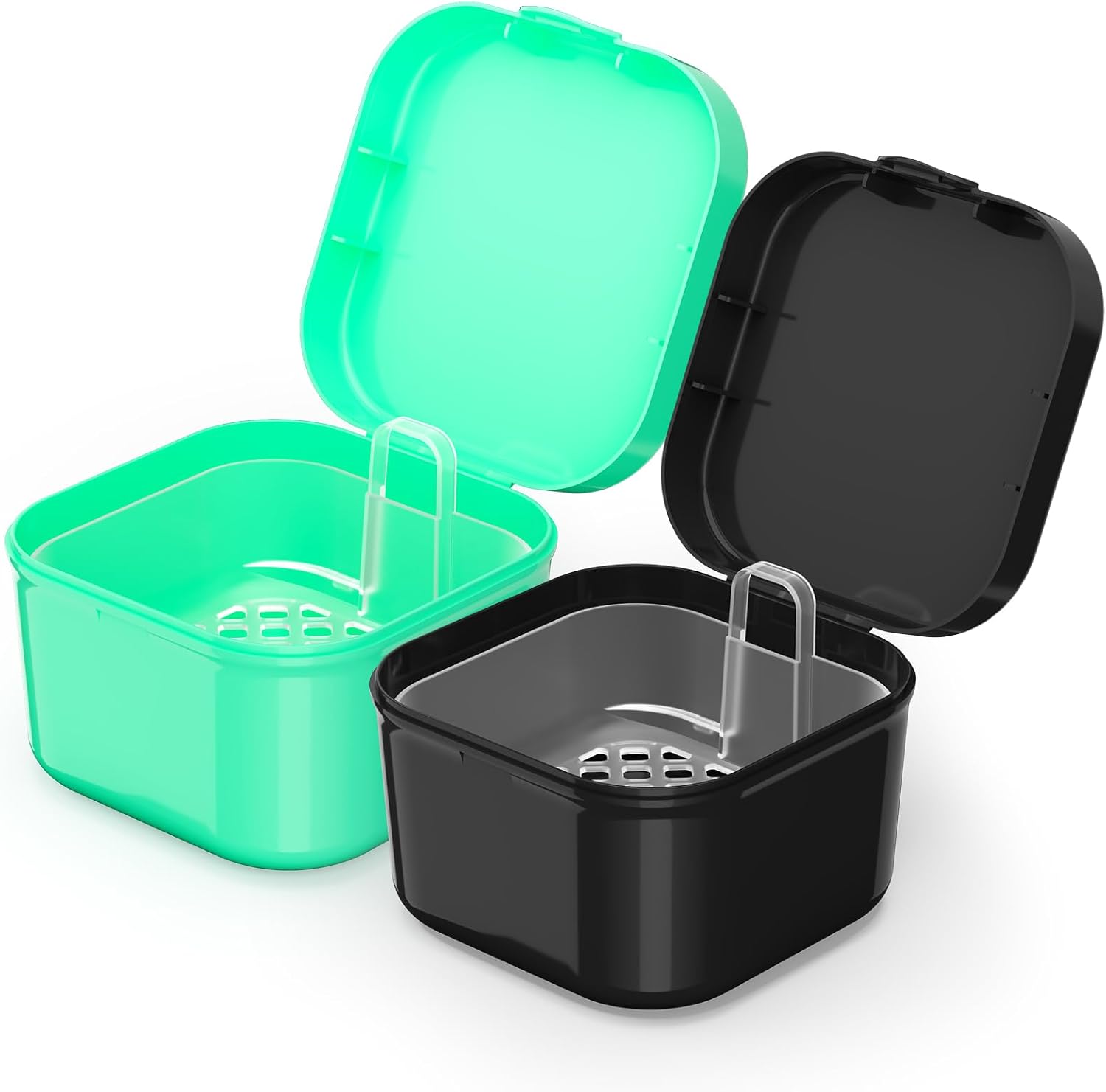 2 Pieces Denture Bath Box Case - Portable Soaking Cup with Strainer Basket - Storage Container for Retainers, Night Guards and Mouth Guards - Travel Friendly