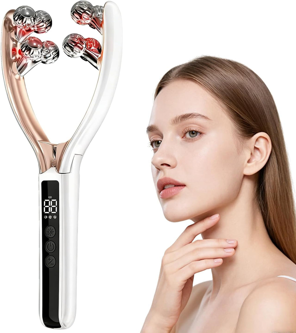 Facial Massager with 3D Roller,Lymphatic Drainage Tool for Face,Arm,Leg and Neck massage - Lymphatic Contour Face Brush Lift & Double Chin Reducer (Pearl white)