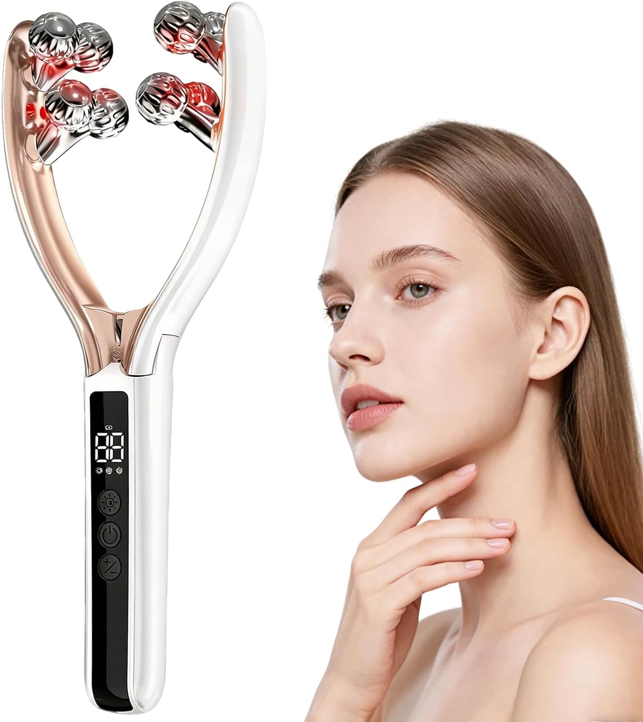 Facial Massager with 3D Roller,Lymphatic Drainage Tool for Face,Arm,Leg and Neck massage - Lymphatic Contour Face Brush Lift & Double Chin Reducer (Pearl white)
