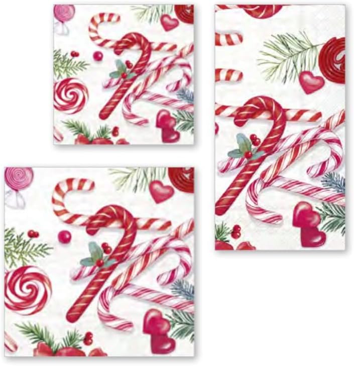 IHR Ideal Home Range Party Napkins Disposable 3-Ply Paper Lunch Napkin Pack, 6.5" x 6.5", Candy Canes, 20-Count