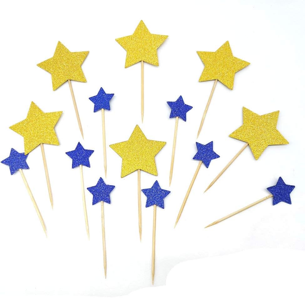 Twinkle Little Star Royal Blue Gold Star Cupcake Toppers DIY Glitter Mini Birthday Cake Snack Decorations Picks Suppliers Party Accessories for Weddings Bridal Shower 40 PC