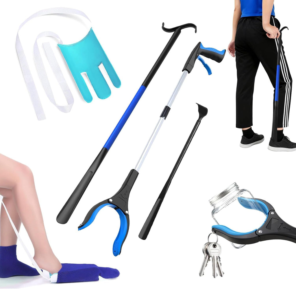 MXCOIRTP Assistive Device No Bending Kit for Elderly -Sock Aids, Foldable Reacher Grabber with 360° Rotating Jaw & Magnet, Long Shoe Horn Handle & Dressing Stick & Back Scratcher for Seniors, Disabled
