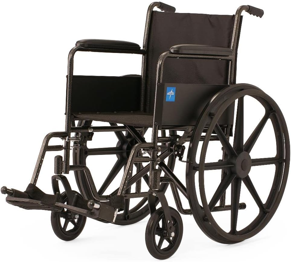 Medline Guardian K1 Basic Wheelchair with Full-Length Permanent arms and Swing-Away Leg Rests, 18"