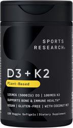 Sports Research Vitamin D3 with K2 Softgels - Plant Based K2 & Vegan D3 5000iu with Coconut MCT Oil - Vegan Certified, Soy & Gluten Free - 120 Count