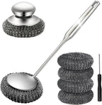 Steel Wool Scrubber with Handle: 7Pcs Stainless Steel Scrubber Brush Set – 1 Long Brushes,1 Short Brushes,4 Replaceable Pads,1 Screwdriver for Home Cooks,BBQ Enthusiasts,Anti-Scratch,for Kitchen