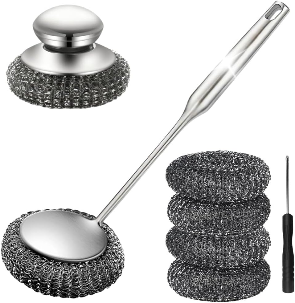 Steel Wool Scrubber with Handle: 7Pcs Stainless Steel Scrubber Brush Set – 1 Long Brushes,1 Short Brushes,4 Replaceable Pads,1 Screwdriver for Home Cooks,BBQ Enthusiasts,Anti-Scratch,for Kitchen
