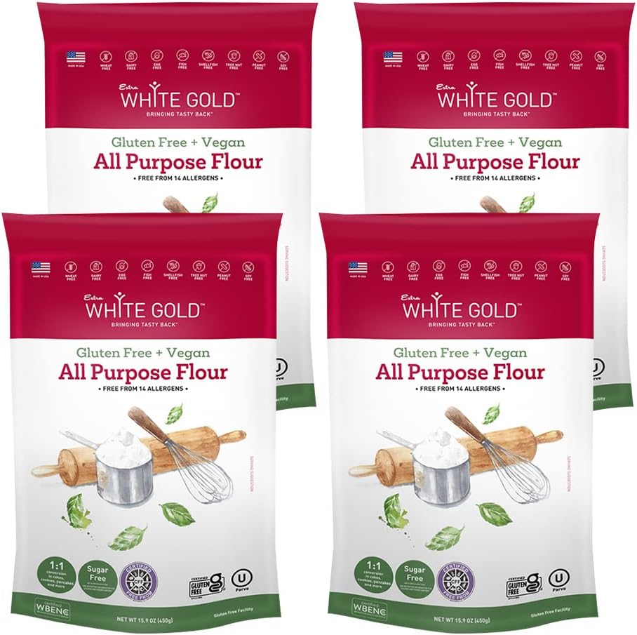 Extra White Gold All Purpose Flour – Gluten Free Flour Blend For Baking & Cooking – [Kosher] [Gluten Free] [Vegan] [Soy Free] [Nut Free] [Dairy Free] – 15.9 Ounces (4 pack)