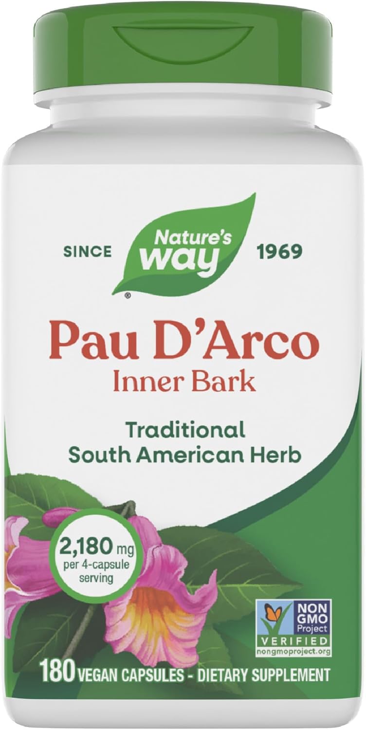 Nature's Way Pau d'Arco Inner Bark, Traditional South American Herb, 2,180 mg per 4-Capsule Serving, Non-GMO Project Verified, 180 Capsules (Packaging May Vary)