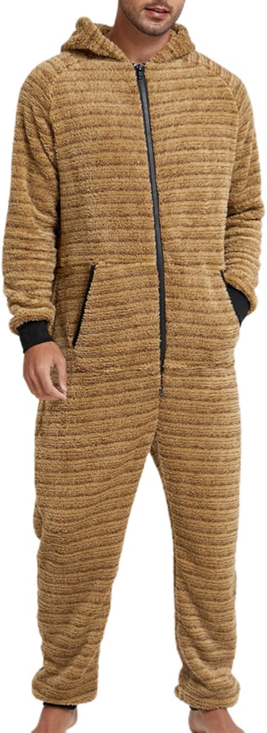 Lu's Chic Men's Hooded Onesie Pajamas Lightweight Fuzzy Fleece Zip Up Jumpsuit Long Sleeve Long Pants One Piece Pjs