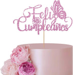Pink Spanish Feliz Cumpleaños Cake Topper for Birthday Party Decor, Butterfly Happy Birthday Cake Topper, Glitter Spanish Birthday Party Decoration Supplies