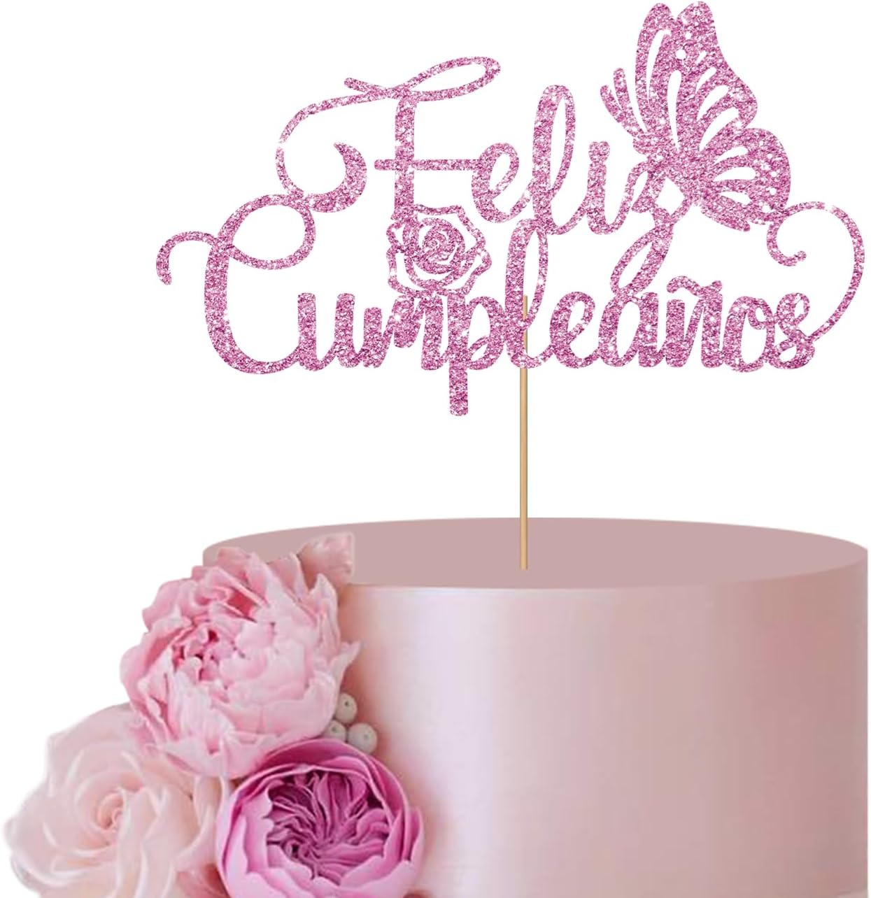 Pink Spanish Feliz Cumpleaños Cake Topper for Birthday Party Decor, Butterfly Happy Birthday Cake Topper, Glitter Spanish Birthday Party Decoration Supplies