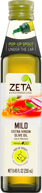 Zeta Extra Virgin Olive Oil, 8.5 fl oz | Premium Glass Bottle with Pop-Up Spout | Cold-Pressed | Product of Spain | Ideal for Baking, Cooking, Grilling, Roasting, Pasta & Salads