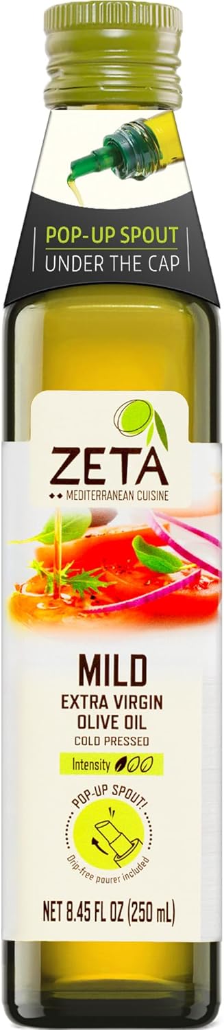 Zeta Extra Virgin Olive Oil, 8.5 fl oz | Premium Glass Bottle with Pop-Up Spout | Cold-Pressed | Product of Spain | Ideal for Baking, Cooking, Grilling, Roasting, Pasta & Salads