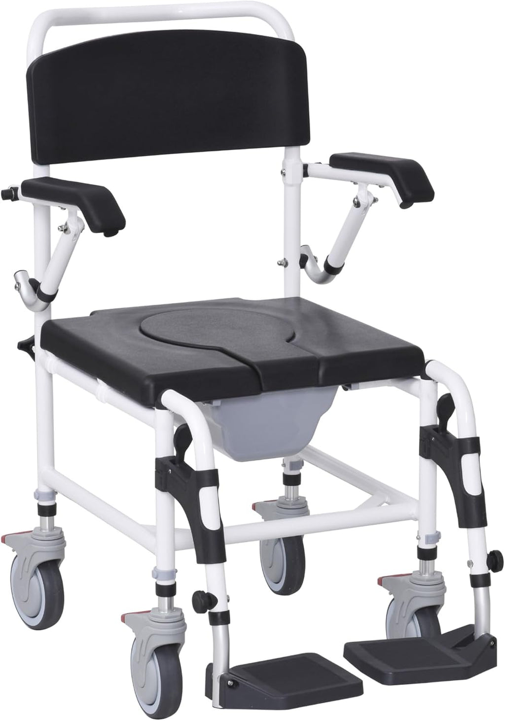 HOMCOM Accessibility Commode Wheelchair, Rolling Shower Wheelchair with 4 Castor Wheels, Rectangle Detachable Bucket, & Waterproof Design, 17" Seat Width, Black