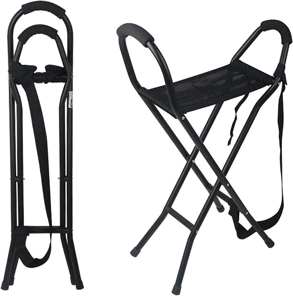 Crutches Walking Stick Folding Cane Seat,Chair Bench Camping Travel Stool 2 Handle with 4 Legs,Old People Portable Walking Stick for Women Men,Crutches Family