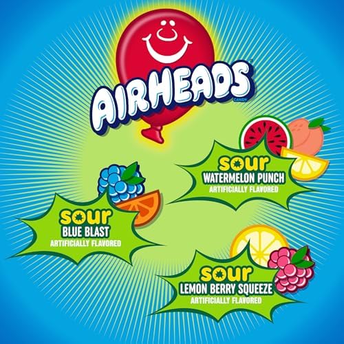 Airheads Sour Mini Candy Bars, Taffy Candy Assorted Bag, Individually Wrapped Candy, Three Assorted Flavors, 12 Oz Bag